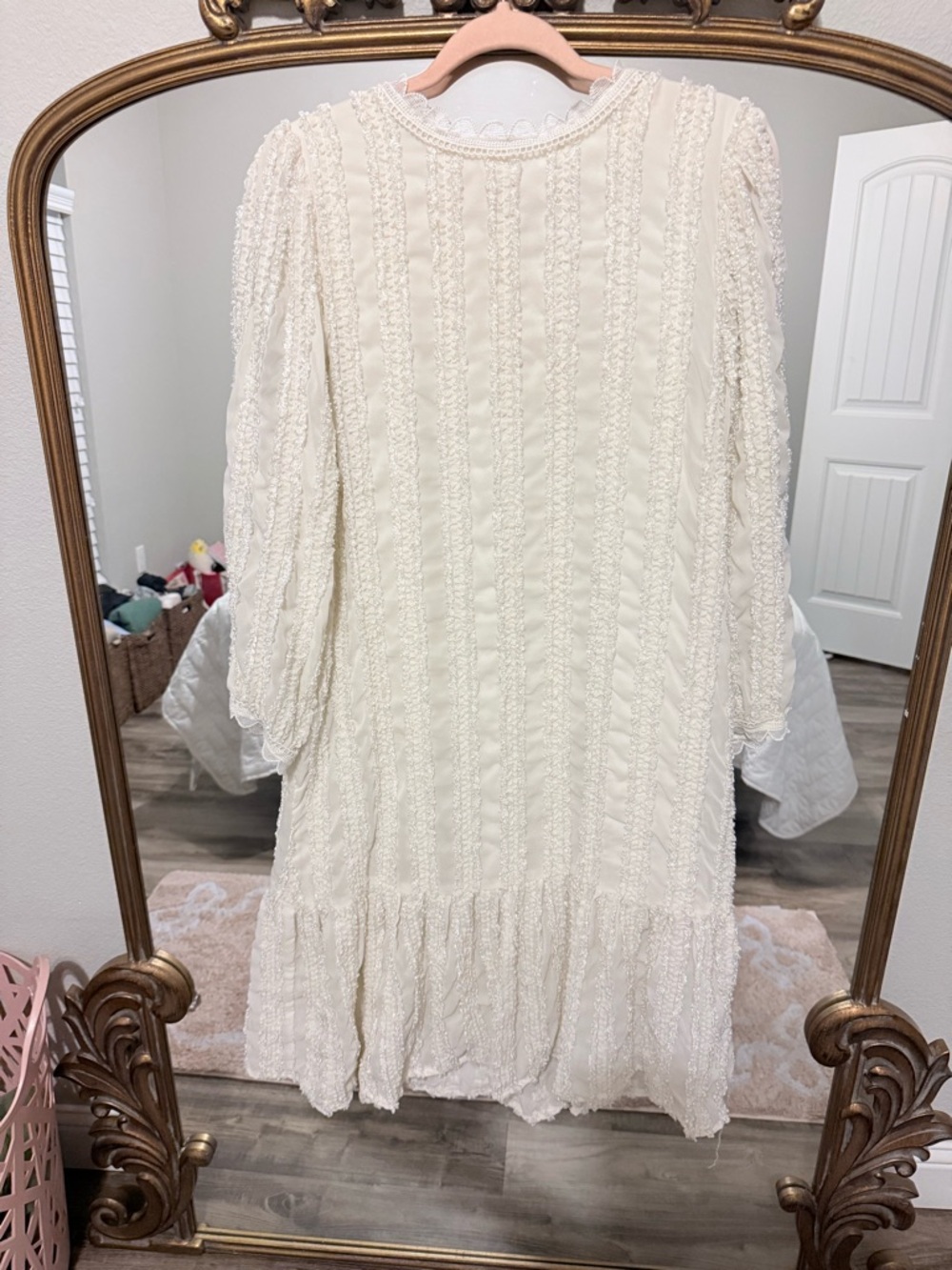 Cream Textured Long Sleeve Dress